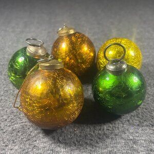 Rare Vintage Kugel Style Green Yellow Crackle Ball Christmas Ornaments Set of 5